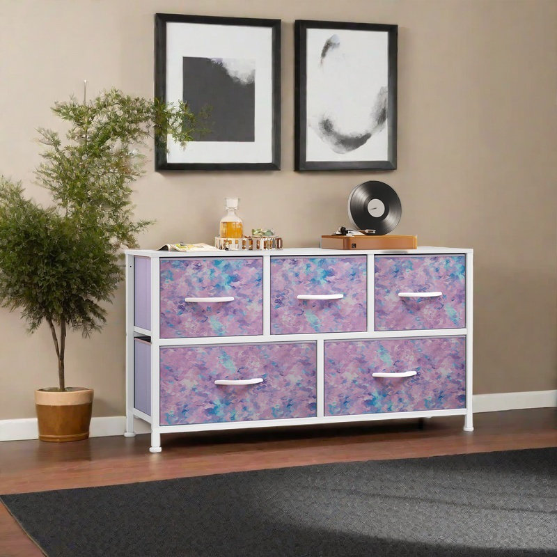 Kathiria 39.4"W 5 Drawer Small Dresser, Kid Dresser, Pink/Purple/White