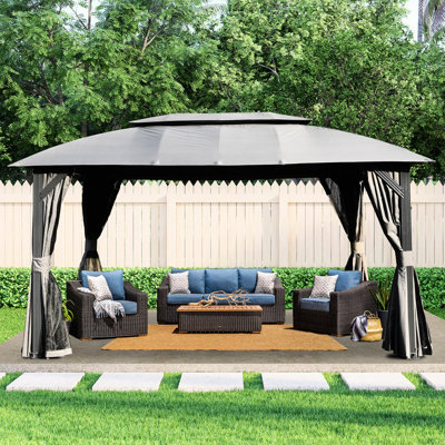 Pavillon de jardin 10 x 14 pi - gris Toits doubles améliorés, rideaux d'intimité. Structure en acier. Tissu. Pour la cour arrière, le patio, la pelouse extérieure 10 x 14 pi, métal robuste. Spacieux pour 6 à 8 personnes. Utilisation dans la cour