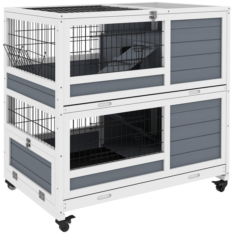 Cage d'intérieur à roulettes avec roulettes, cage à lapins à 2 niveaux, cage à cobaye en bois 35,5 po avec auge, plateaux amovibles, rampes et plateau ouvert pour 1 à 2 lapins, gris