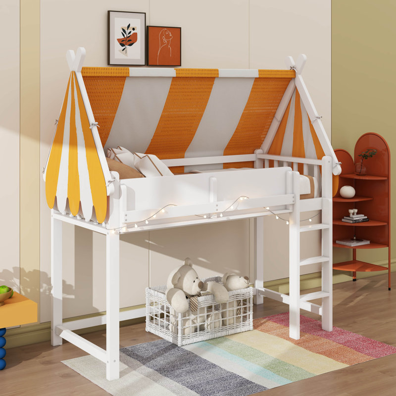 Lit mezzanine simple avec auvent, lumières DEL et étagère à livres, Simple, Blanc
