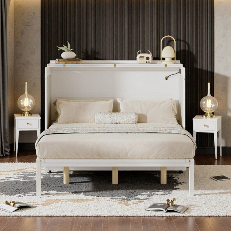 Lit escamotable blanc moderne avec charge USB, lit escamotable mural simple avec tiroirs de rangement et verrou de sécurité, conception peu encombrante pour chambre d'amis ou bureau à domicile
