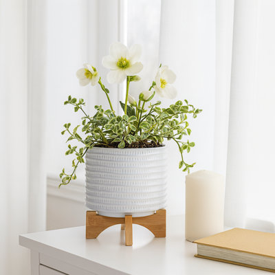 Pot de fleurs en céramique avec support en grès - pot décoratif texturé avec base en bambou - pot à fleurs surélevé intérieur / extérieur moderne