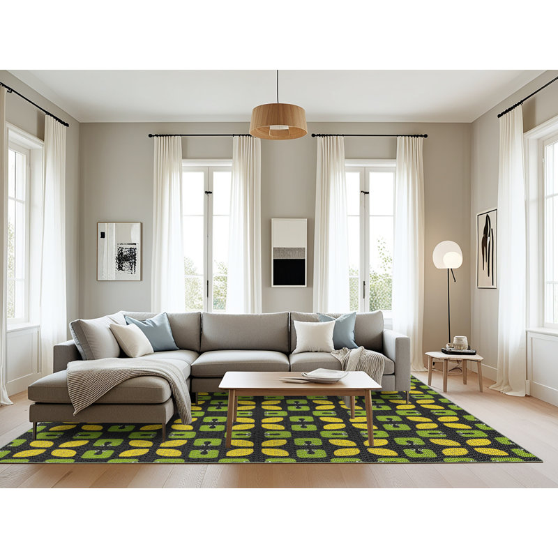 Tapis vert/jaune à motifs Lamphear, Rectangle 8 pi x 10 pi