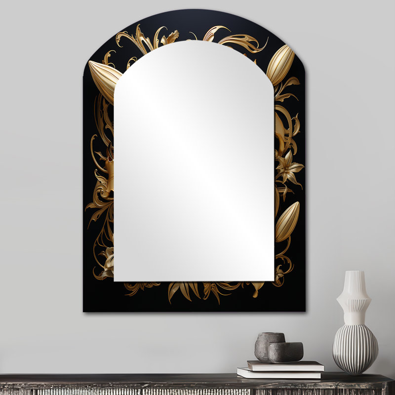 Golden Lily Flower Glam On Black - miroir décoratif asymétrique Lily, 34 po x 25 po