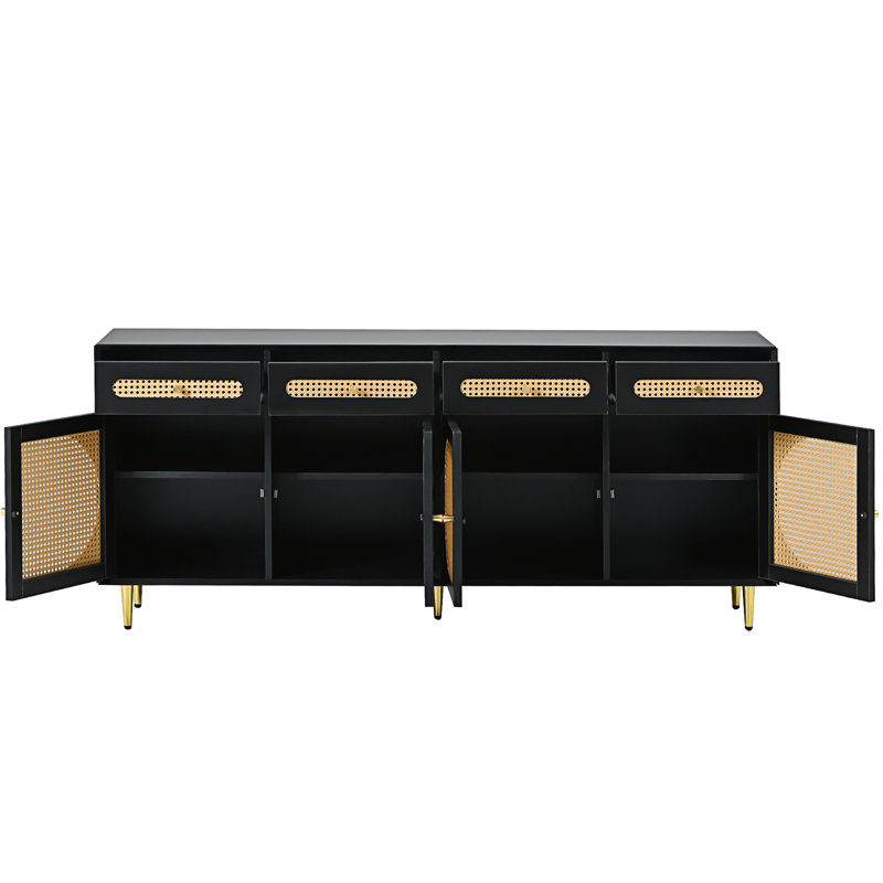 Buffet avec rangement en rotin pour salon, crédence de bureau, table de buffet, buffet avec tablettes réglables, Noir