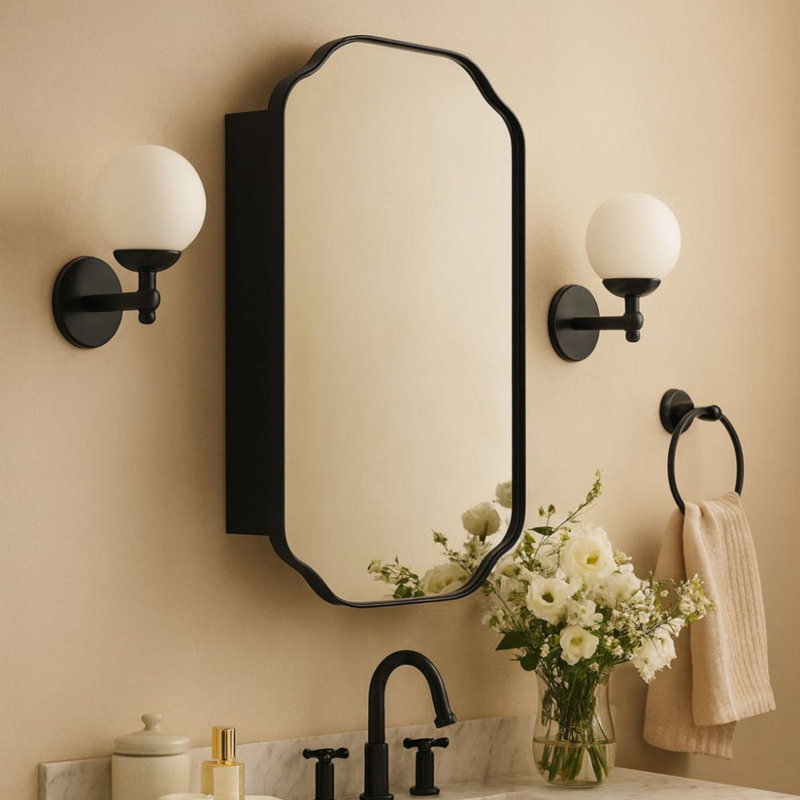 Armoire de salle de bain encastrée avec miroir noir mat avec 2 tablettes réglables 18 po x 29 po Osterhus