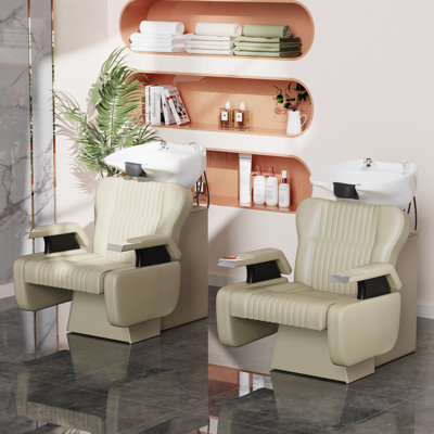 Salon Shampoo Bowl And Chair Set, Barber Backwash Shampoo Unit With Ceramic Bowl & Neck Rest, Shampoo Sink Station For Spa And Beauty Salon, Beige