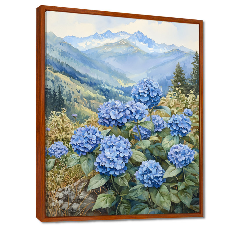 Hortensias dans la prairie de montagne III - hydrangées, art mural, Brown, Impression encadrée flottante, H 44 po x l 34 po