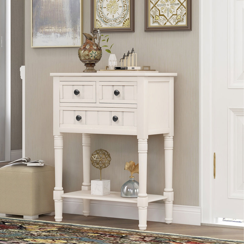 Console étroite, canapé mince avec trois tiroirs de rangement et tablette inférieure (blanc ivoire), Ivory White