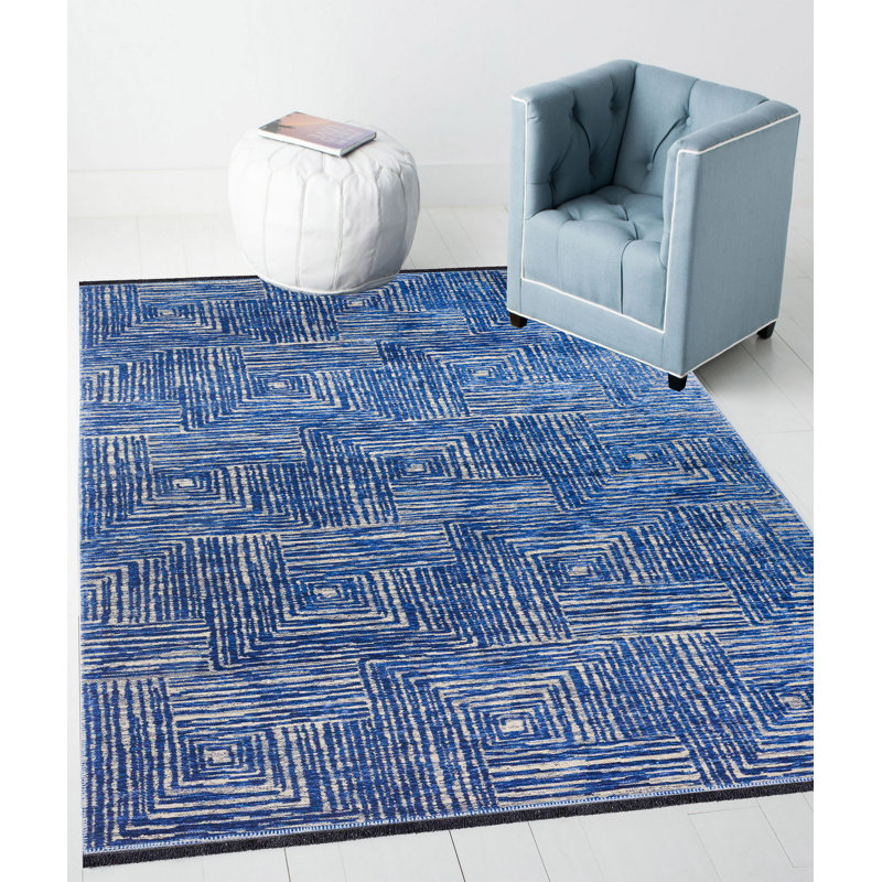 Tapis bleu en polyester / chenille tissé à la machine Passabe, Rectangle 6 pi 7 po x 9 pi 6 po