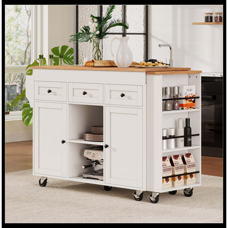 85.5" Kitchen Island With Extendable Dining Table, Kitchen Storage Table With 3 Side Open Shelves, Rolling Kitchen Island With Power Outlet, 3 Drawers, 2 Doors, For Kitchen, Dining Room, White