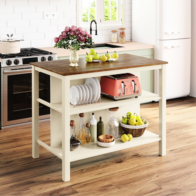 Îlot de table de salle à manger en bois massif rustique 45 po noyer et blanc crème avec 2 tablettes ouvertes pour espaces compacts