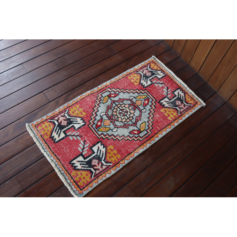 Handmade Small Turkish Rug in Red For Entryway With Vintage Kilim Design And Bohemian Decor Elements Made of Wool