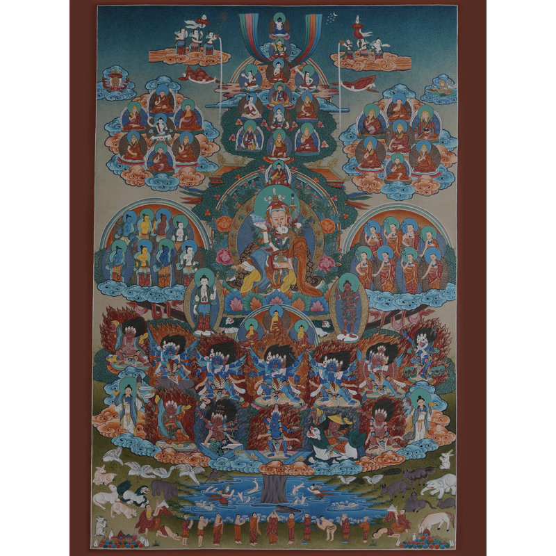 Art mural gourou Choksey Lodan Thangka | 30 po x 20 po Toile de Manipulation Padmasambhava peinte à la main | Décoration traditionnelle de méditation bouddhiste tibétaine avec or 24 carats pour studio de yoga pour salon