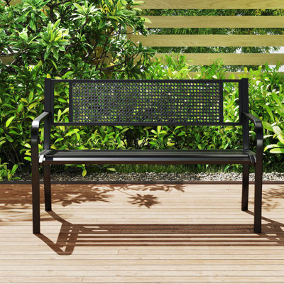 50" Garden Bench With Patterned Backrest And Curved Armrests For Porch Lawn