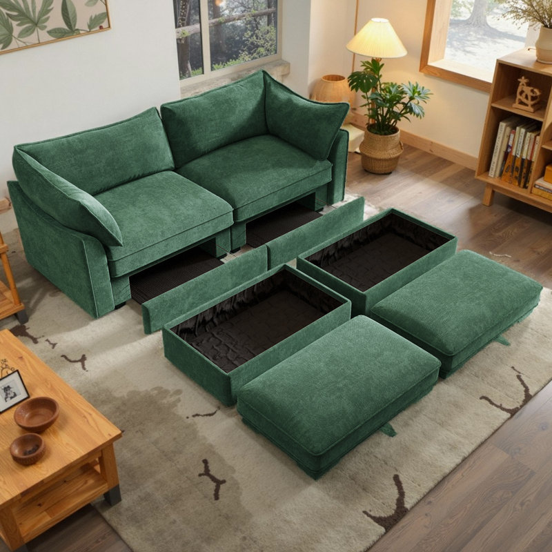 Canapé modulaire en tissu de chenille 2 places avec 2 repose-pieds mobiles et tiroirs de rangement cachés sous chaque siège, conception moderne et peu encombrante