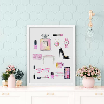 «Girl Fashion Articles Glam Girls Room Watercolor Pink Cosmetic Beauty Lady» sur papier