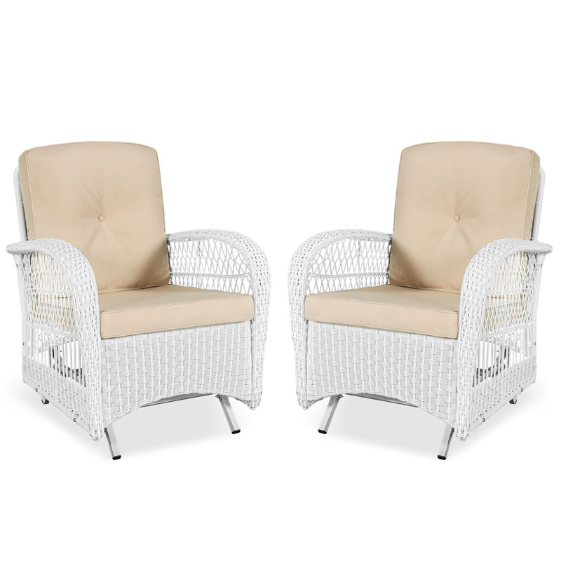 Bayou Breeze 2-piece Outdoor White Wicker Glider Rocking Chair, Patio Rattan Swing Glider Chairs With Cushions & Steel Frame, All-weather Gliding Lawn Wicker Furniture For Garden Backyard