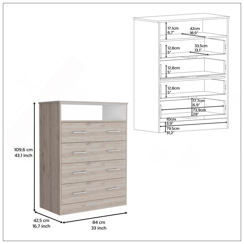 Commode à quatre tiroirs, plateau supérieur, une tablette ouverte, Multi-couleur
