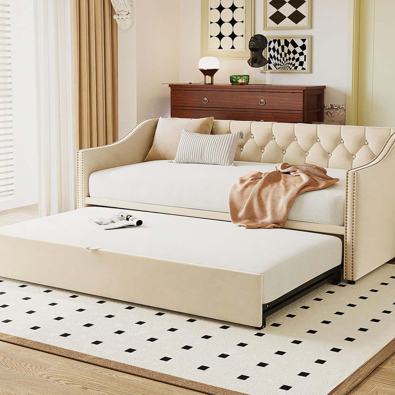 Lit de jour simple tapissier avec couchette escamotable, beige, Beige