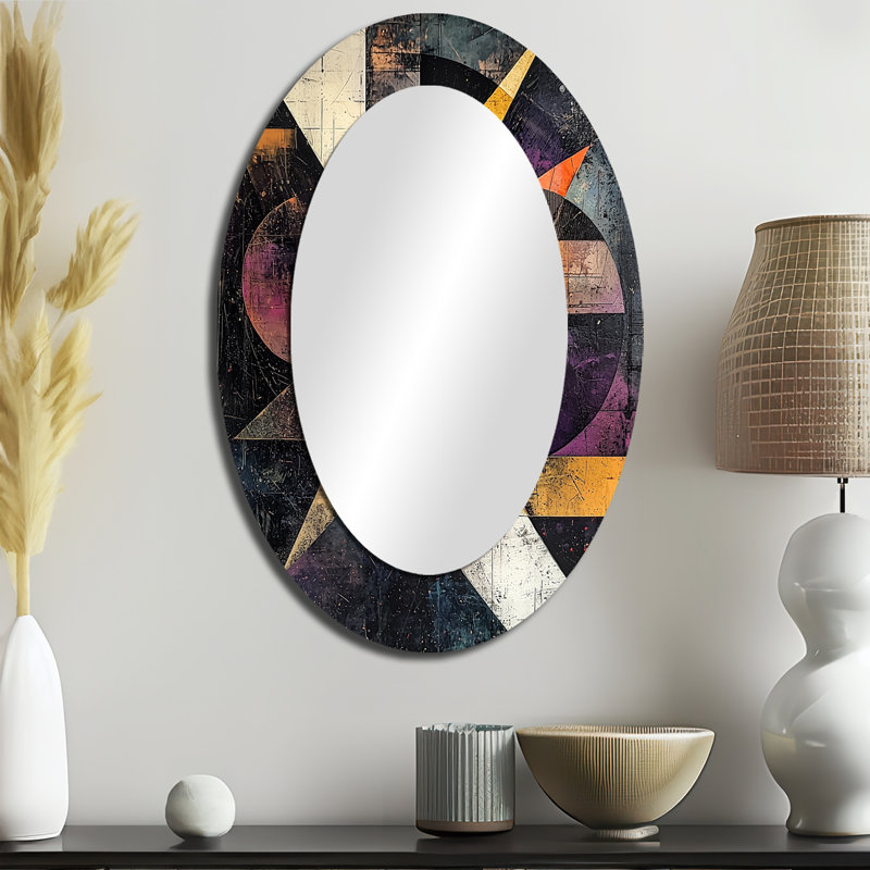 Black Yellow Fragmentation Abstract Shapes II - Black Modern Oval Wall Mirror, 36" x 24"