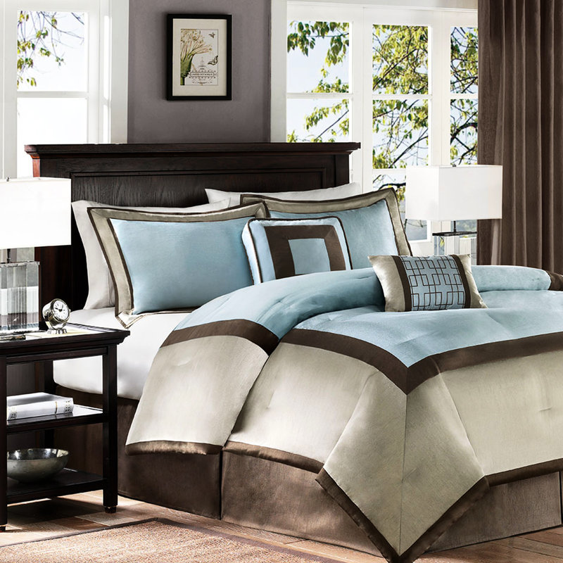 King Comforter 7 Pieces - Blue And Taupe With Decorative Pillows Steam Piece Bedding Ribbon Wrinkle- Feature