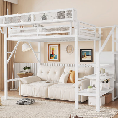 Lit mezzanine simple TG avec escalier, lit mezzanine double en métal avec tablettes de rangement, lit mezzanine haut avec garde-robe pour enfants, blanc (date d’arrivée prévue le 2025/10/14)