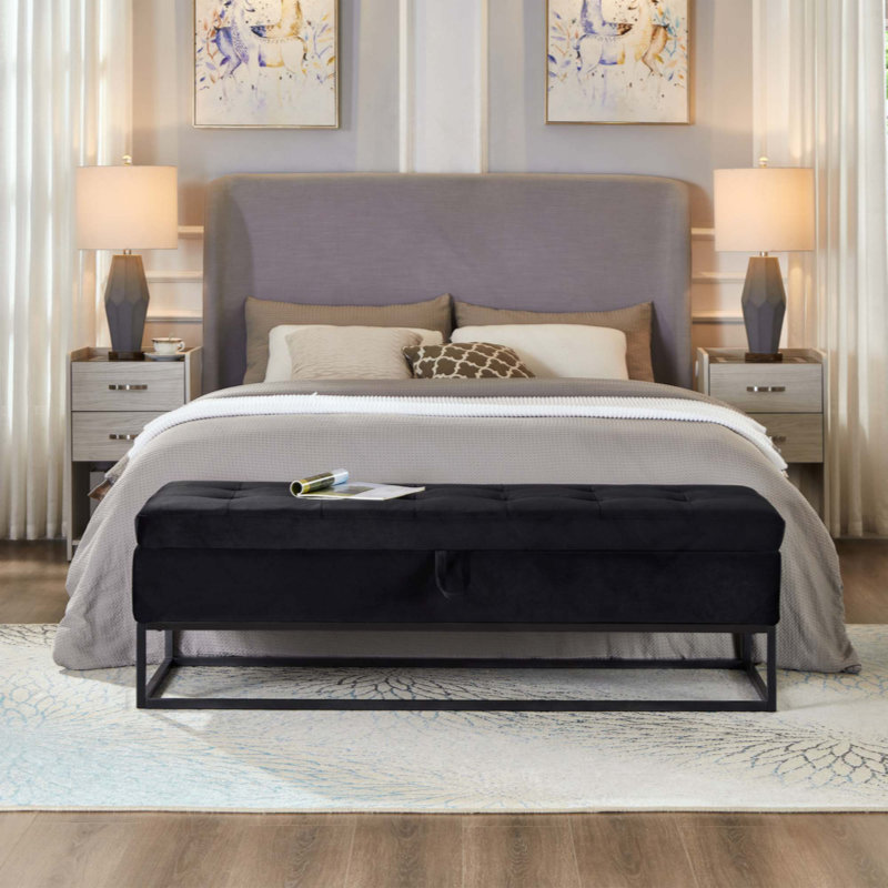 Banc de lit avec base en métal et velours de rangement, Noir