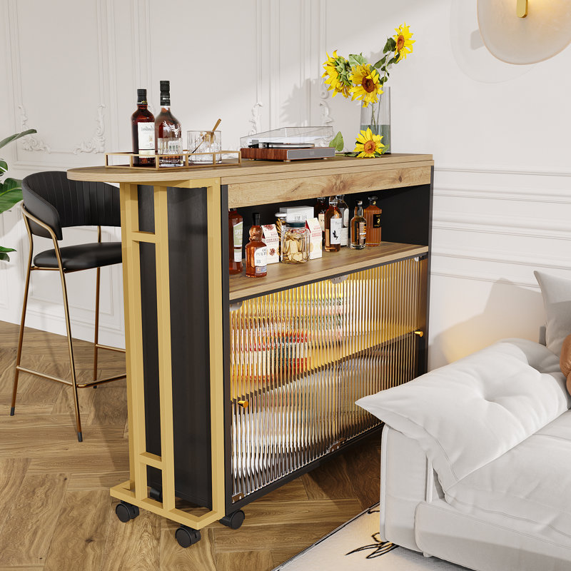 Extendable Bar Table With Storage Cabinet And Led, Black