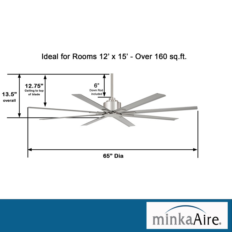 65" Brushed Nickel 8-Blade Outdoor Ceiling Fan with Remote