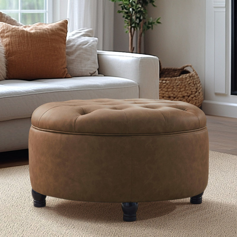 Dimitrika 30'W Faux Leather Tufted Round Storage Ottoman, Light Brown