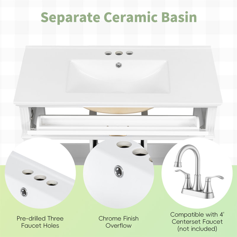 Meuble-lavabo autoportant de 36 po de largeur avec comptoir en céramique, portes et tiroirs à fermeture en douceur, Blanc