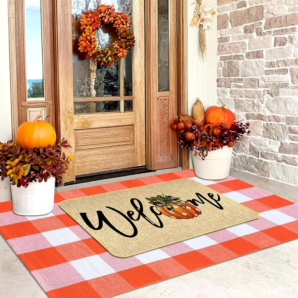 Entry Rug Orange Arlmont & Co. Orange And White Buffalo Plaid Rug For Autumn ...