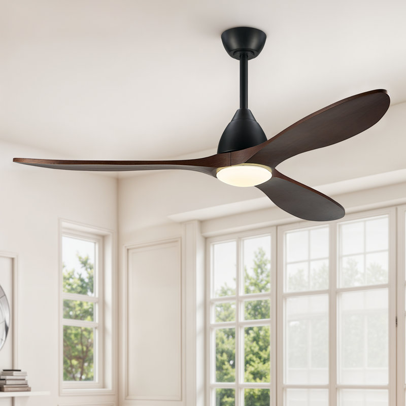 Ventilateur de plafond à 3 pales avec lumière DEL à intensité variable et télécommande, Noir mat avec pales en noyer