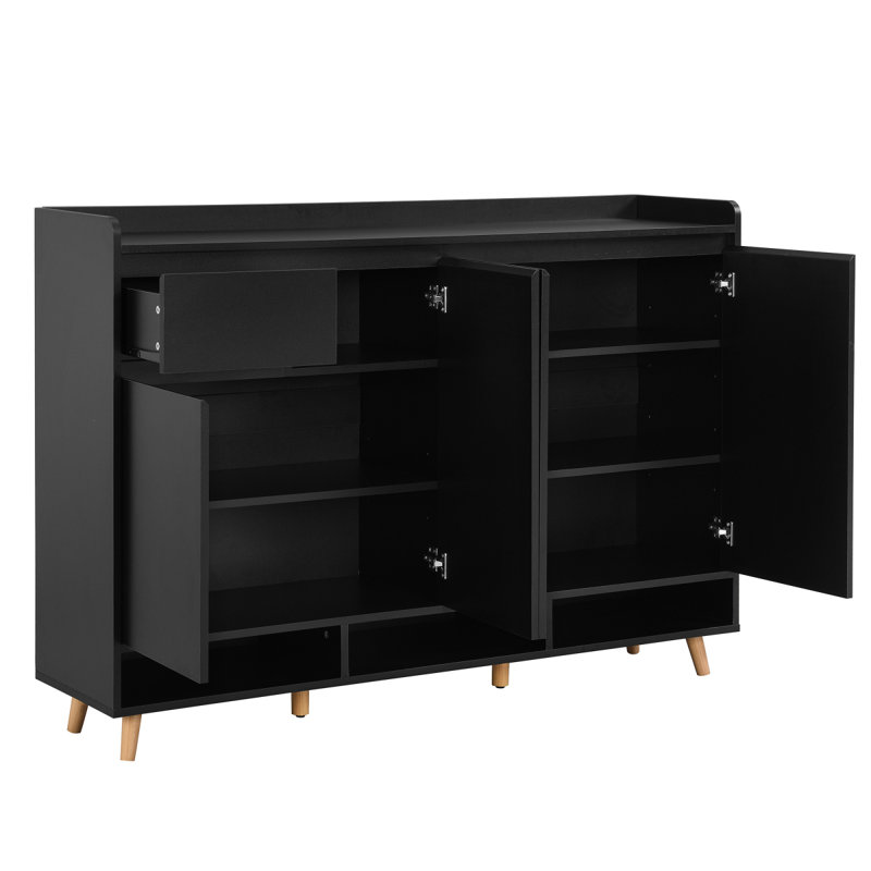 ON-TREND Sleek And Contemporary Shoe Cabinet With Adjustable Shelves, Minimalist Home Organizer With Solid Wood Legs, Storage Sideboard For Entryway, Living Room, Black (OLD SKU: WF321211AAB)