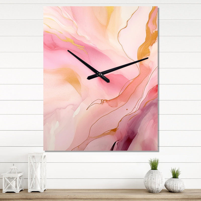 Horloge murale abstraite rose et or enchantée VI, Médium