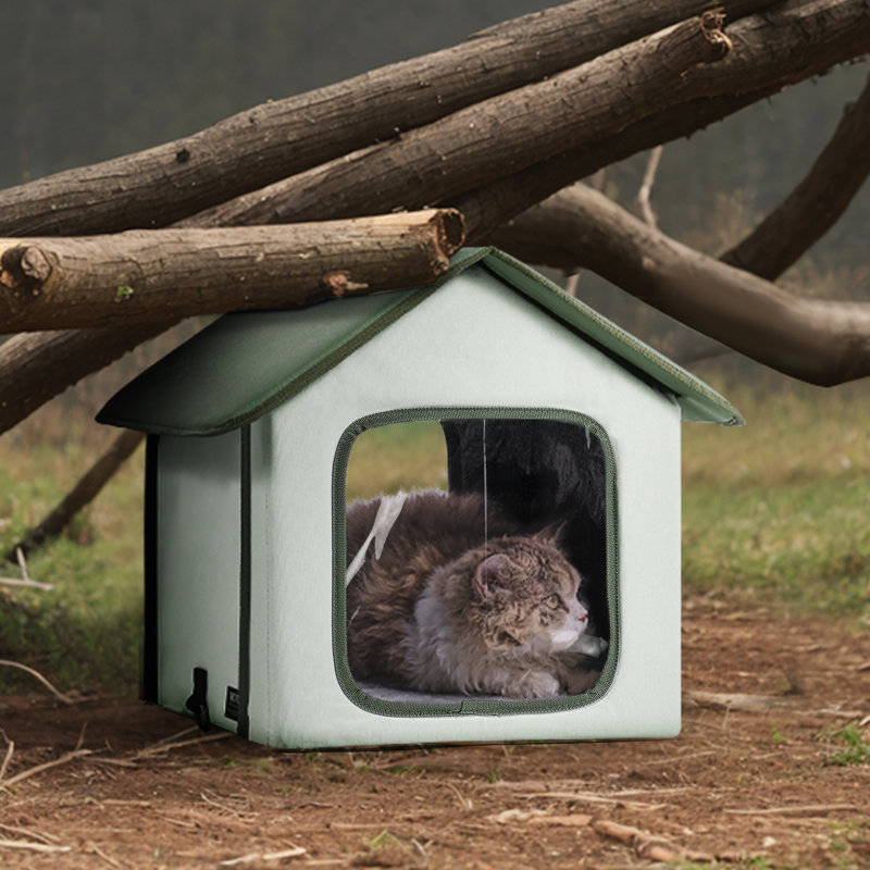 Elevated Heated Cat House Outdoor Kitty Shelter with Heated Pad Green (S)