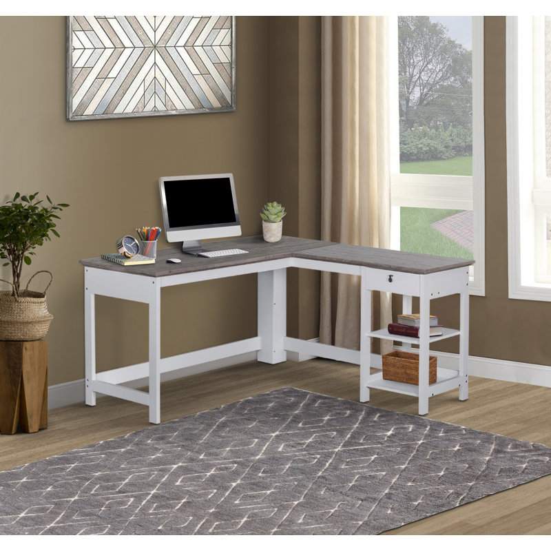 Finley White and Gray Oak L-Shaped Writing Desk with Drawer