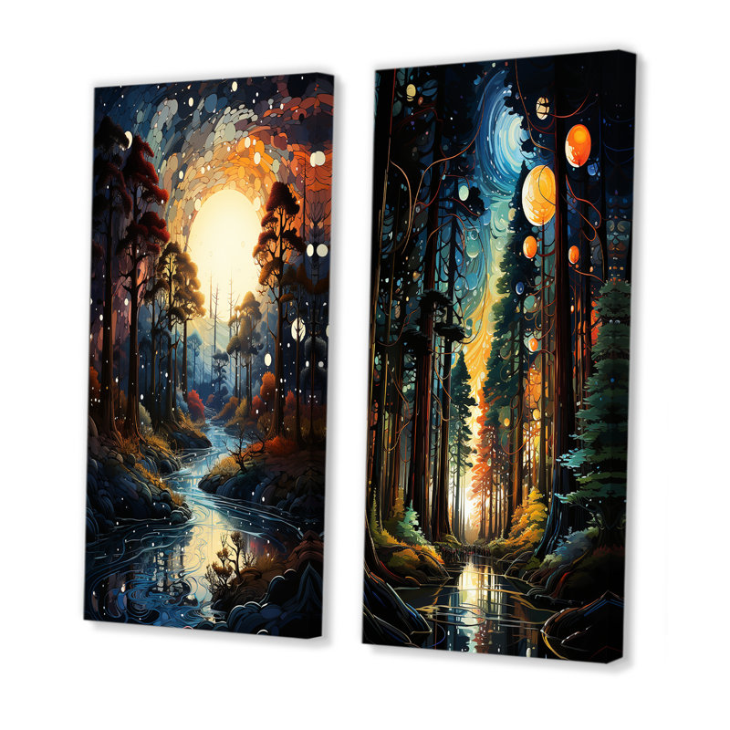 «Moonlight River Retreat Into The Forest I», ensemble d'art mural sur toile Forest River Mountains, Toile tendue