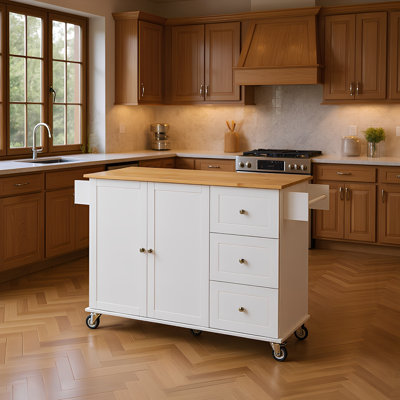 Îlot de cuisine de 52,7 po avec plateau en bois massif, bar à petit-déjeuner, armoire de rangement, porte-épices, porte-serviettes, tiroirs et roulettes verrouillables