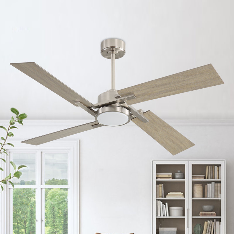 Ventilateur de plafond à 4 pales avec lumière DEL et télécommande Kyliegh, Argent, 56 po de largeur, Tanné
