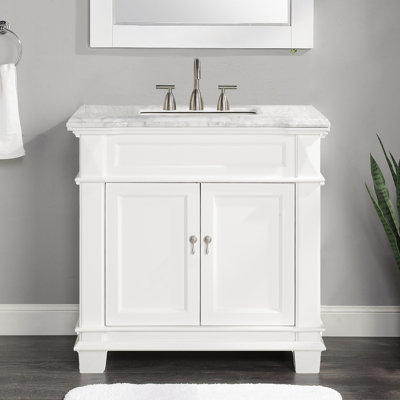Meuble-lavabo autoportant blanc mat avec plateau en marbre de Carrare l 36 po x 22 po Aiyza