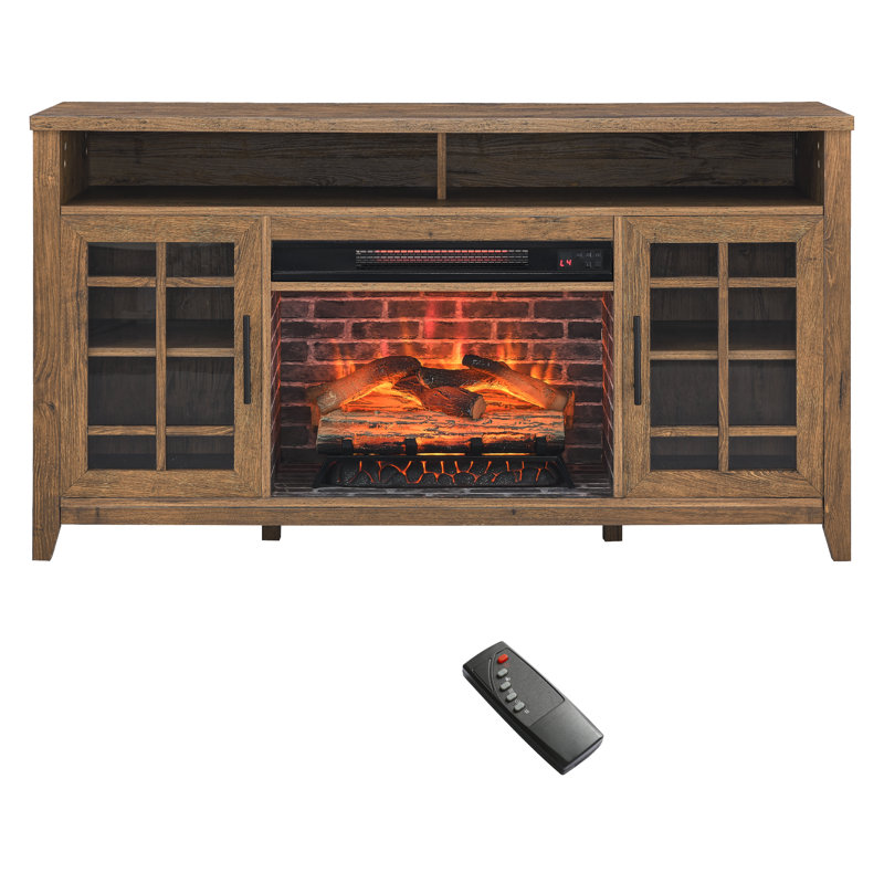 55 Inch TV Media Stand With Electric Fireplace, KD Inserts Heater, And Realistic Flame Effect, Brown