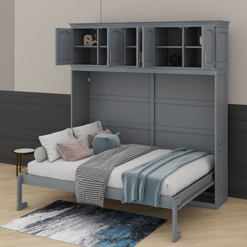 Lit escamotable avec armoires supérieures Murphy, Gris, Grand lit