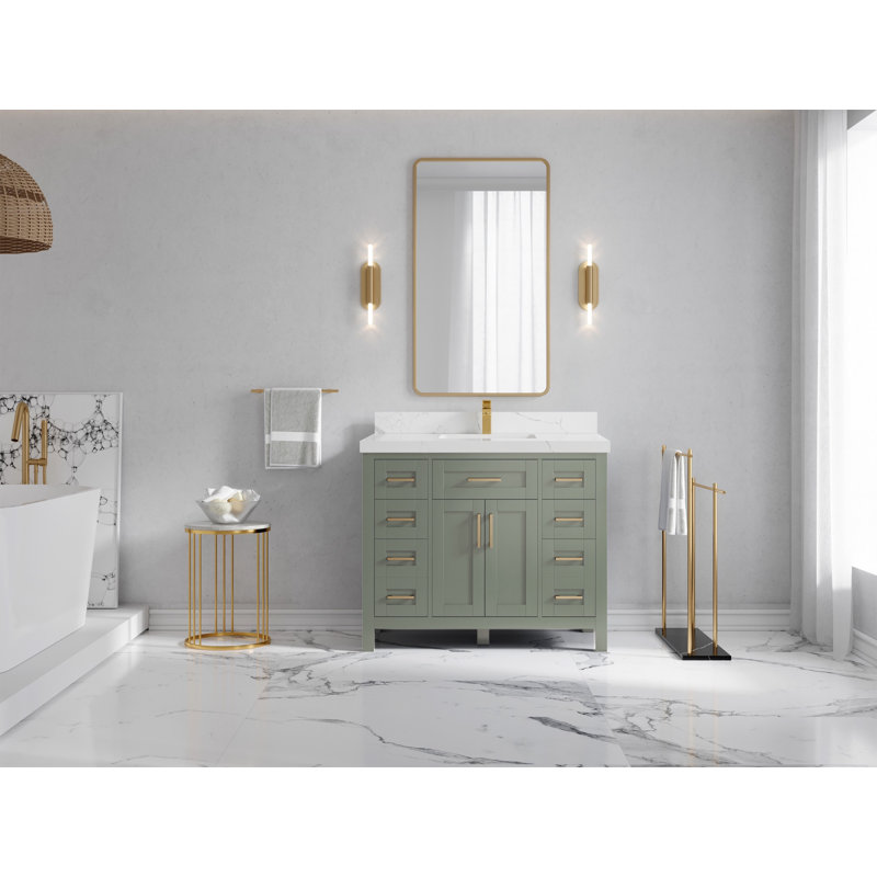 Cambridge 42 In. W X 22 In. D Single Sink Bathroom Vanity In Evergreen With 2 In. Quartz, Calacatta Laza