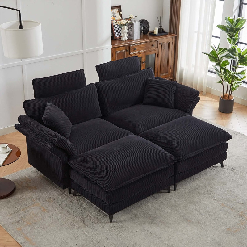 Corduroy Deep Seat Sectional Sofa, Comfortable Cloud Sofa with Ottomans, Black