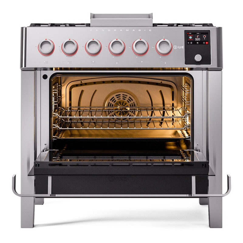 ILVE Panoramagic Series 36 in. Dual Fuel Range with 6 Sealed Burners, Griddle (Natural Gas, Glass Door), Natural Gas