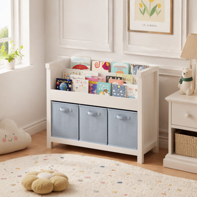 Kids Bookshelf with 3 Tier Front-Facing Storage and 3 Fabric Bins, Wooden Toddler Bookcase for Playroom, Nursery, Bedroom – Kids Book Organizer Shelf for Toys and Books