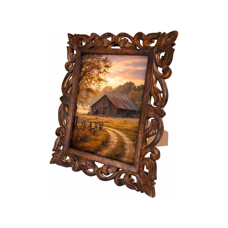 Large Hand Carved Mango Wood Rustic 8x10 Picture Frame with Real Glass
