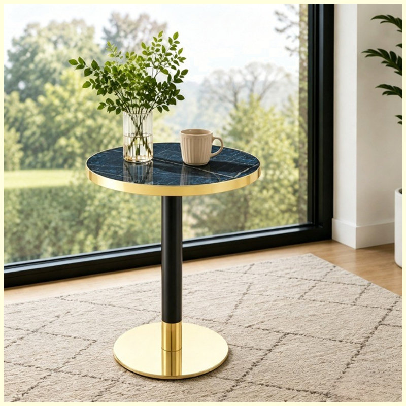 Table basse ronde de luxe moderne 23,6 po, plateau en panneau de fibres à densité moyenne à texture marbrée avec finition peinture UV, bordure en acier inoxydable, pieds en métal, table d'appoint de salon